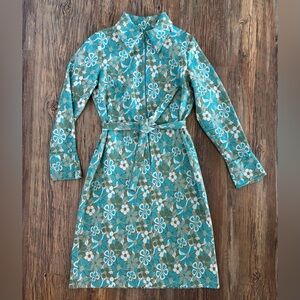 Wynette Midi Belted Shift L/S Dress NO SIZE Vintage 70s Blue Green White Floral